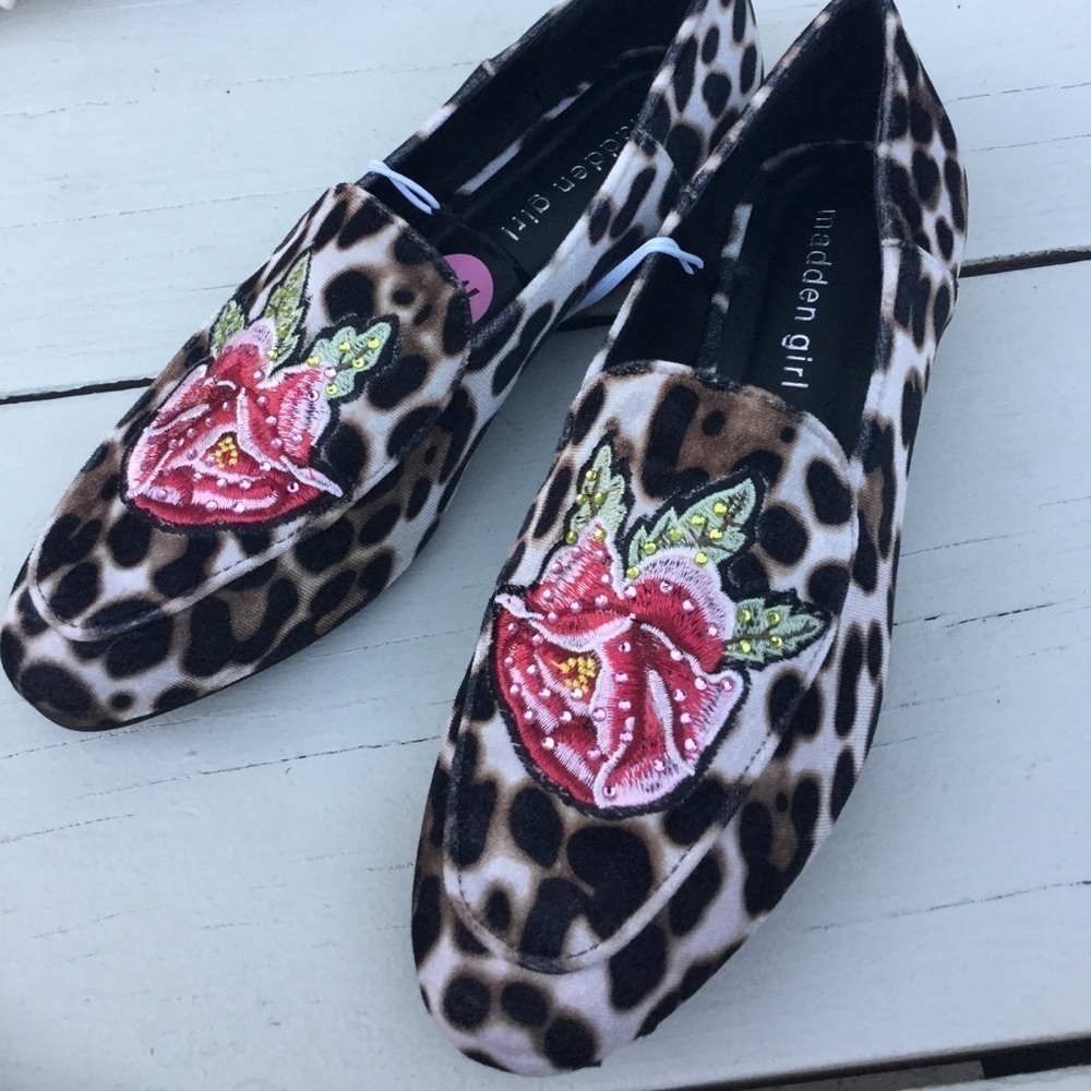 Madden Girl Animal Print Flat Loafers Flower Embroidered Womens Shoes
